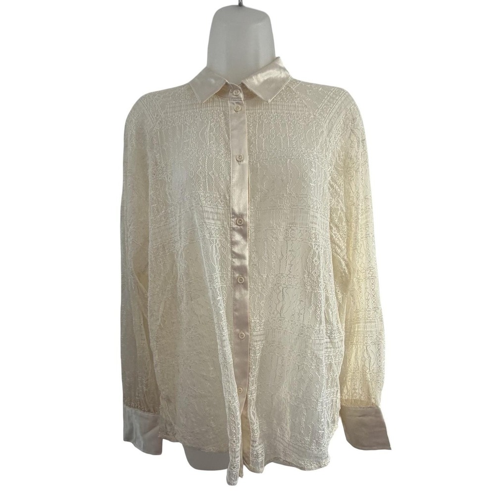 Jason Wu Shirt Womens Medium White Lace Sheer Button Front Satin Trim‎ Blouse